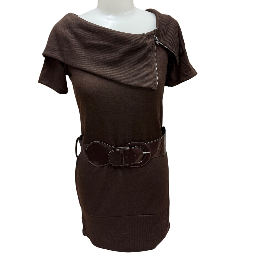 Y2K No Boundaries‎ Size M Bodycon Brown Cafe Zipper Short Sleeve Knit Dress